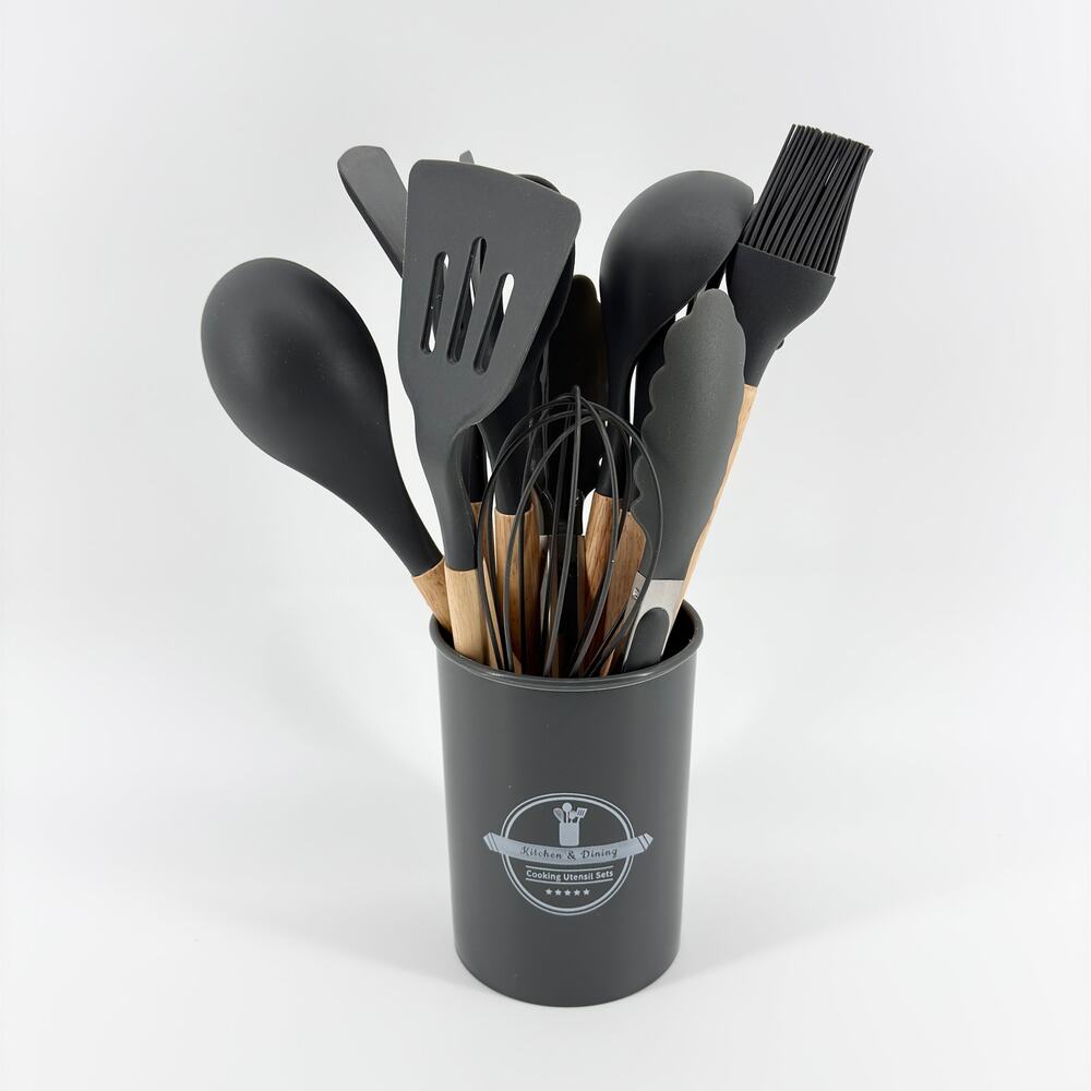 11-Piece Silicone Kitchen Utensil Set with Wooden Handles and Holder - BPA Free